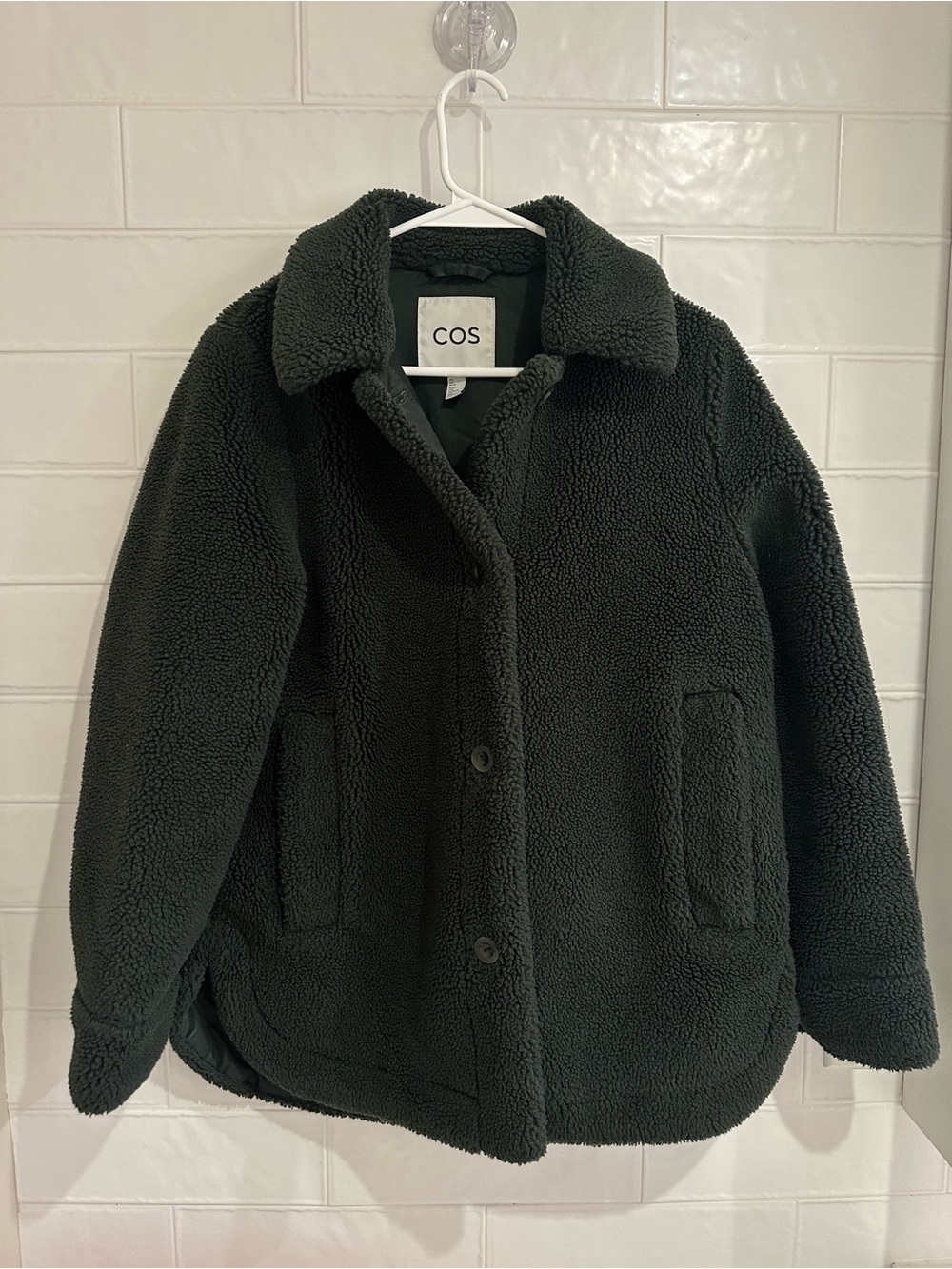 COS Womens Green Sherpa Faux Fur Jacket Oversize Button Down Sz Small Wool Blend